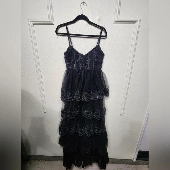 Lulus Alluring Sensation Black Tulle Embroidered Tiered Maxi Dress Party Prom - Picture 13 of 13